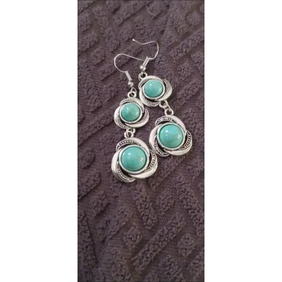 New - Turquoise Tiered Boho Drop Dangle Earrings - Picture 2 of 4